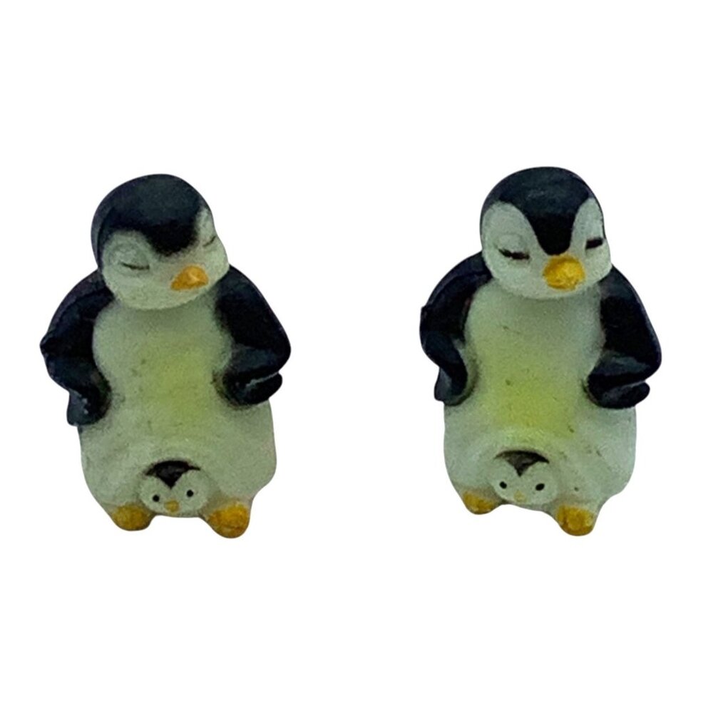Vtg Hong Kong Mother Penguin Baby Figurines Set Of 2 Miniature Collectible 1"
